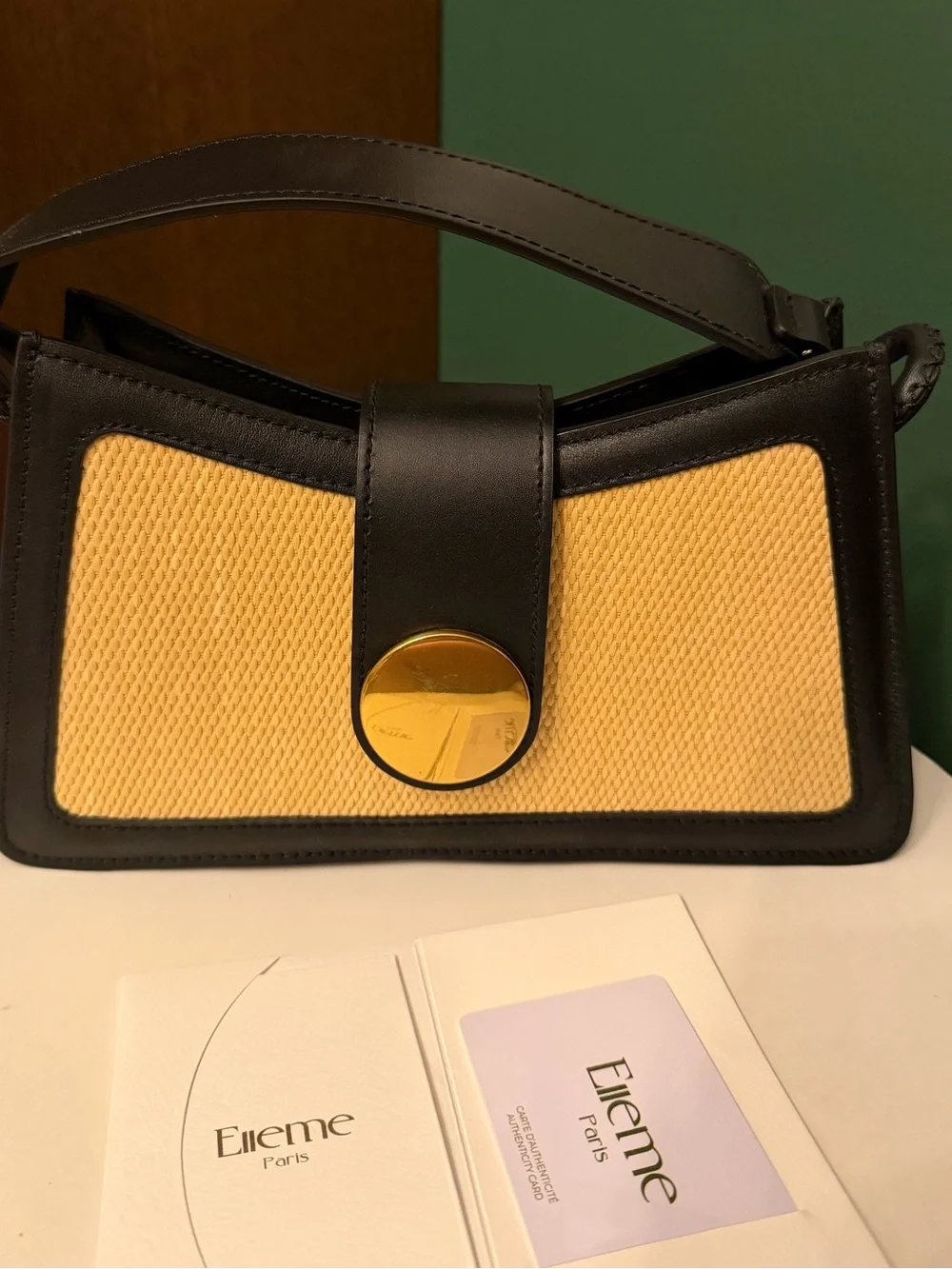 Elleme Black Leather Shoulder Bag with Yellow Raffia Panel
